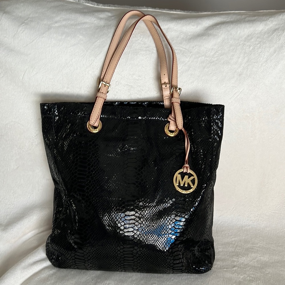 Michael Kors Black Leather Embossed MK Logo Tote